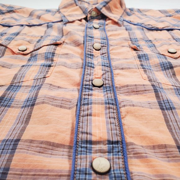 Guess Shirt Mens Medium Light Salmon Plaid Unique Wood Snap Rodeo Cowboy Western - Picture 3 of 15